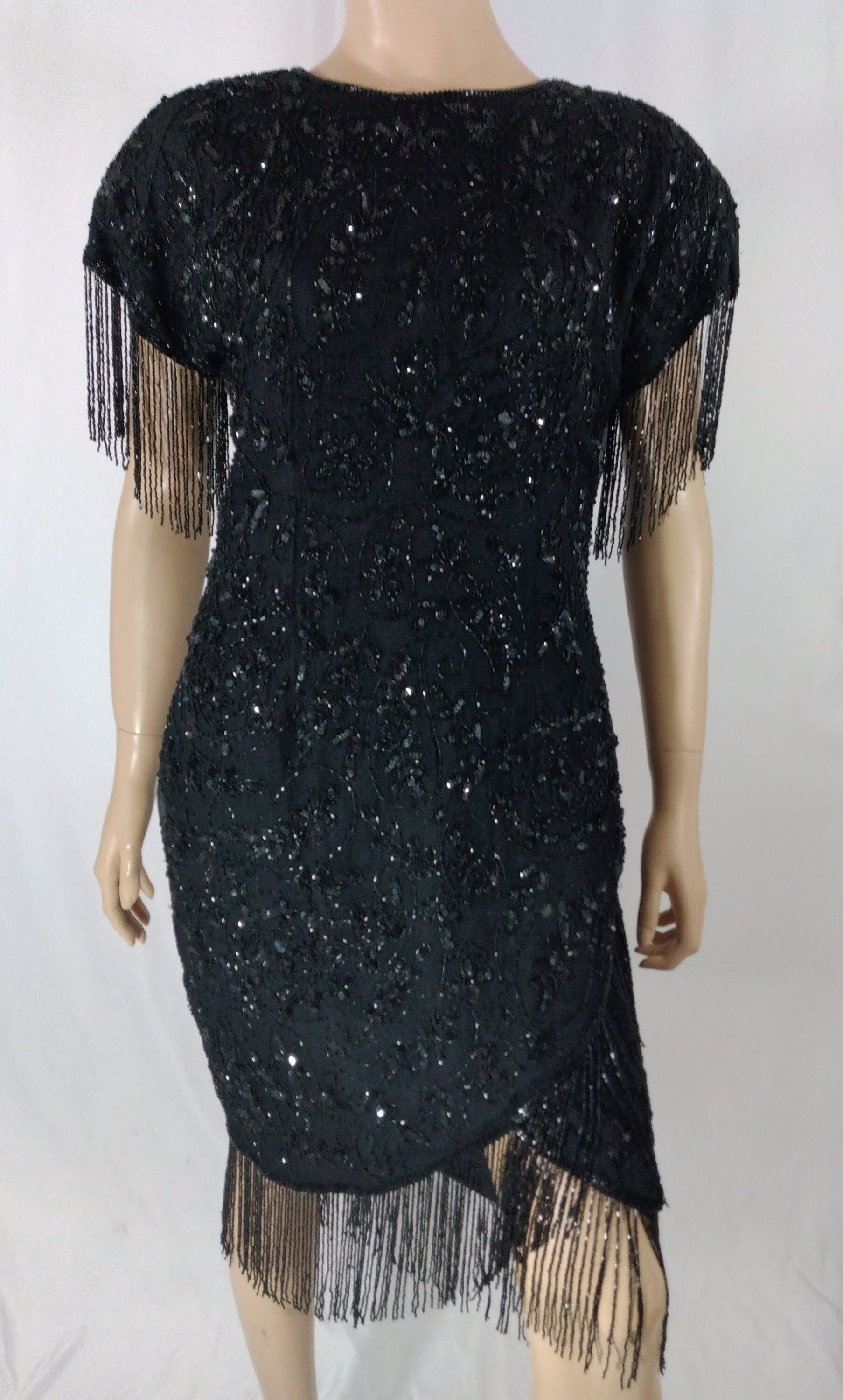 パーティードレス Black Beaded Silk Dress Black Beaded Dress Women's 70's 80's 100% Silk Sequined
