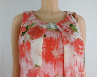 Flamingo Orange Floral Dress, Rhinestone Accent, Sleeveless, Designer Label, Size 12