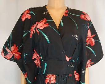 Vintage Hawaiian Kaftan Kimono, Black Red White, Floral Print, One Size