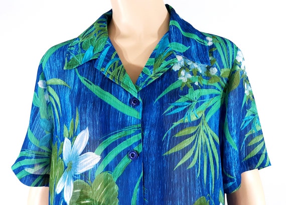 Women's Hawaiian Shirt 80's Short Sleeve Green Bl… - image 1