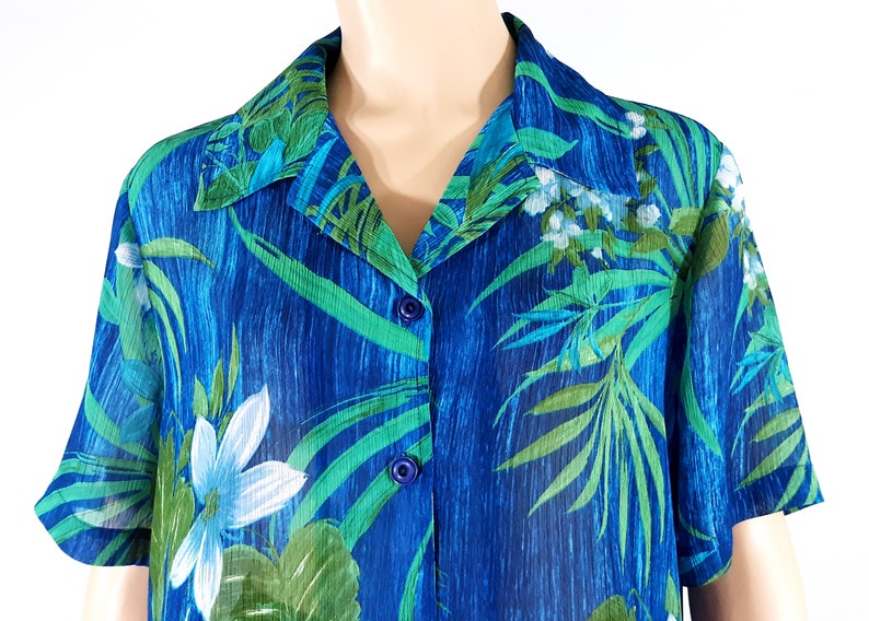 Women's Hawaiian Shirt 80's Short Sleeve Green Blue Tropical Button Down Excellent Like New Condition Vintage by DRAPER & DAMONS Size L image 1
