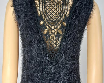 Women's Vest Cover-up, Fuzzy Black, Long Length, Vintage Size M
