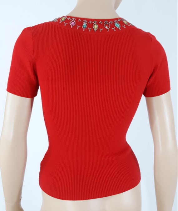 Womens Red Sweater Shirt Lipstick Red Pastel Bead… - image 5