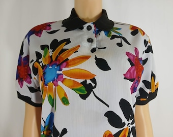 80's Women's Shirt, Polo Style, Colorful Floral, Short Sleeve Vintage Size S