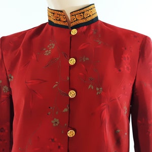 Women&#39;s Asian Blouse Rayon Long Sleeve Red Black Gold Floral Oranate Gold Buttons Lux Excellent Condition Vintage by KARIN STEVENS Size S