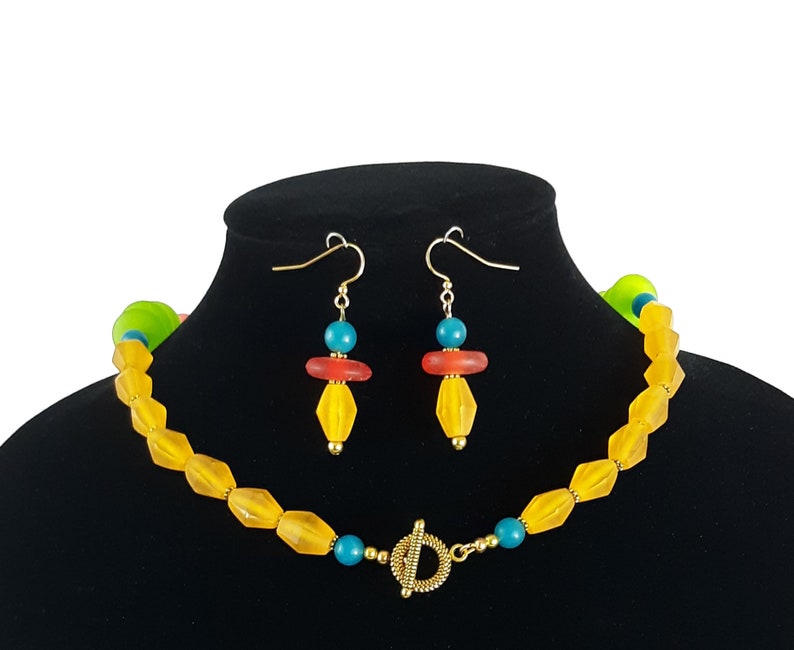 Necklace Womens Handmade Jewelry Necklace Earrings Set Artist Designed Red Yellow Green Blue Gemstone Multi Bead Mix GORGEOUS Great Gift