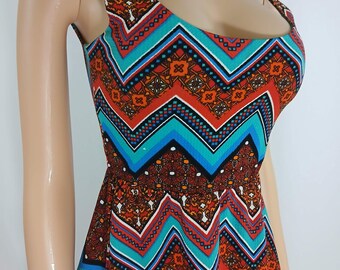 Summer Dress, Colorful Zig Zag Fitted Bodice Flare Out Skirt Size S