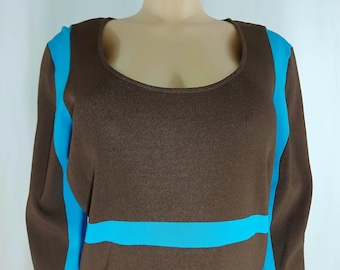 Women's Knit Sweater Top Brown Blue Color Block Stretchy Vintage Size XL