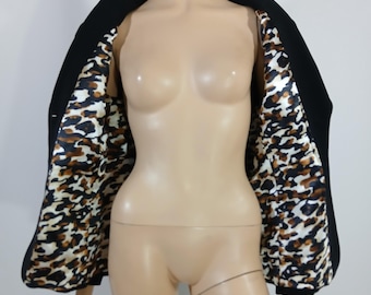 90s Black Blazer: Designer Shoulder Pads, Leopard Print Lining, Size 10P