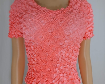 Neon Orange 3D Textured Bubble Top, Lightweight Stretchy, Size S-M