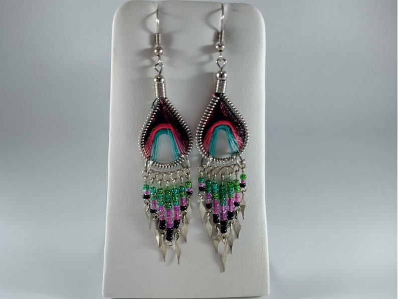 Boho Earrings Womens Girls String Art Pink Purple Seed Bead Woven Fringe Geo Colorblock Boho Native Tribal Silver Jewelry Great Gift image 4