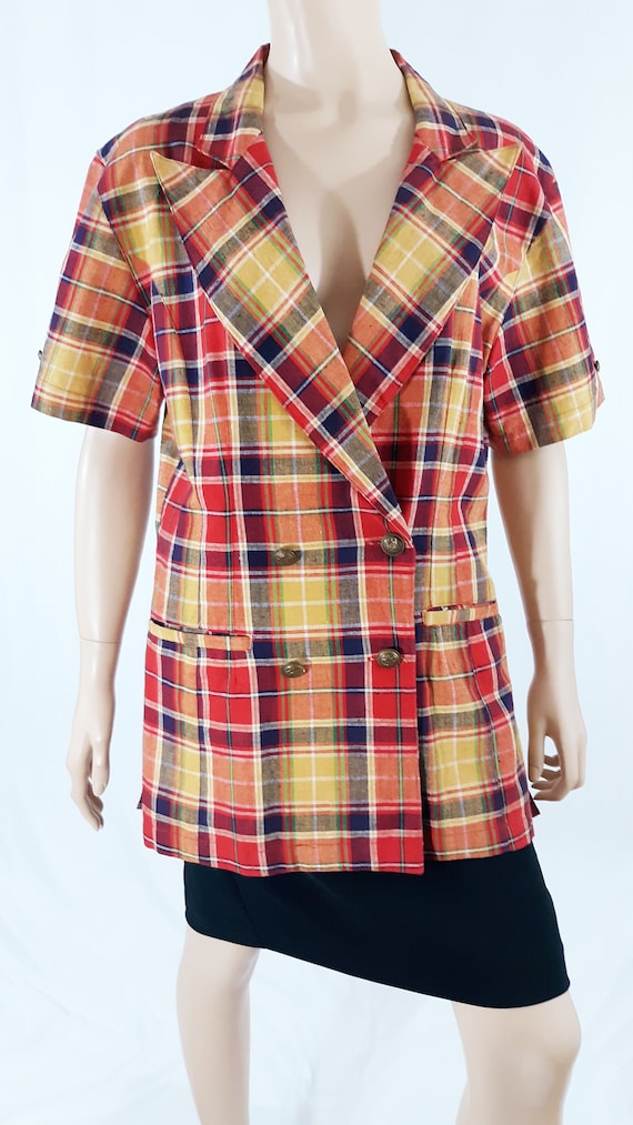 60's 70s Blazer Womens Plaid Short Sleeve Colorfu… - image 10