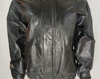 Black Leather Jacket Coat, Pockets, Black Satin Lining, Vintage Size M