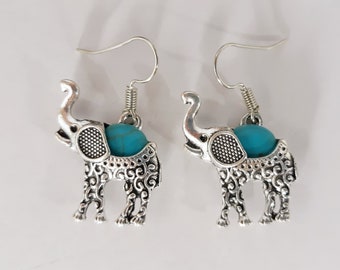 Elephant Earrings Turquoise Earrings Womens Girls Beautiful Silver Tone Boho Craft Charm Elephant Lovers Modern Dangle Great Gift Handmade