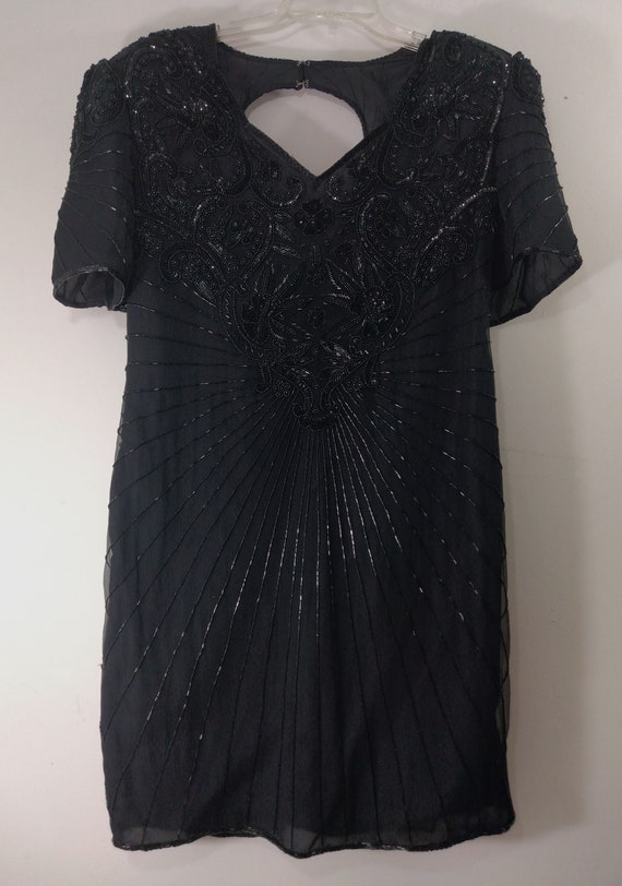 Black Beaded Dress Women's 80's Sequined Short Sl… - image 9