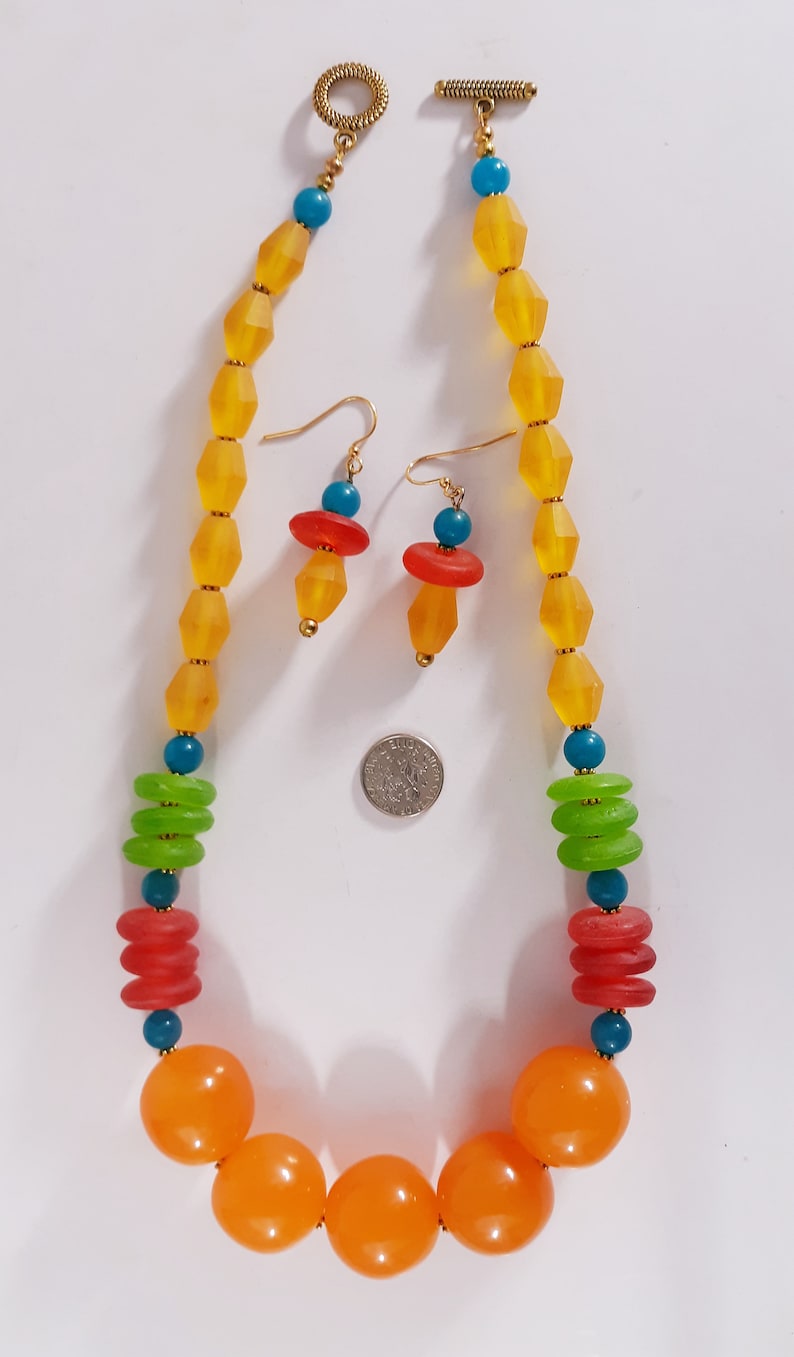 Necklace Womens Handmade Jewelry Necklace Earrings Set Artist Designed Red Yellow Green Blue Gemstone Multi Bead Mix GORGEOUS Great Gift