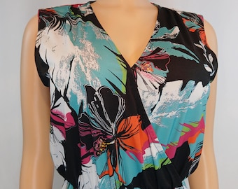 Vintage Jumpsuit, Sleeveless V Neck, Tropical Floral, Elastic Waist, Size S