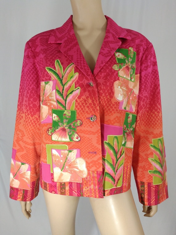 Women's Tropical Blazer Pink Orange Green Floral L