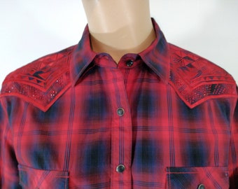 Women's Western Shirt Red Black Blue Plaid Long Sleeve Black Snaps Red Rhinestones Like New Condition Vintage by PANHANDLE ROUGHSTOCK Size M