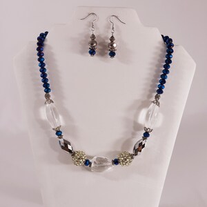 Blue Jewelry Set Handmade Necklace Earrings Set Artist Designed Vintage Inspired Blue Clear Silver Tone Multi Bead Mix GORGEOUS Great Gift