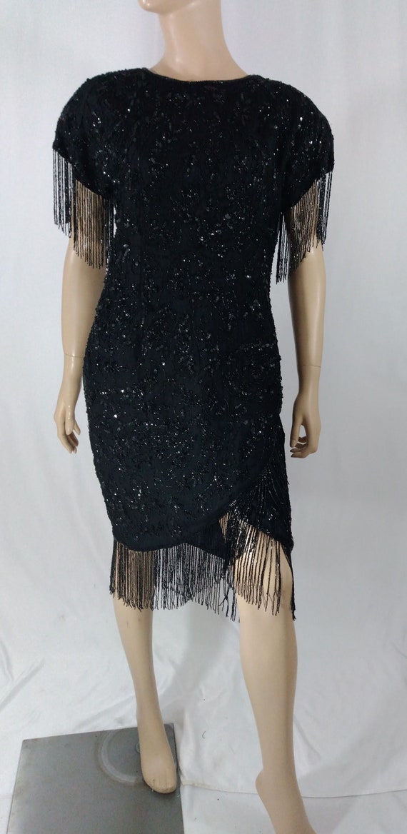 Black Beaded Dress Women's 70's 80's 100% Silk Se… - image 2