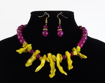 Handcrafted Jade & Shell Necklace Earring Set, Purple Green Gemstone