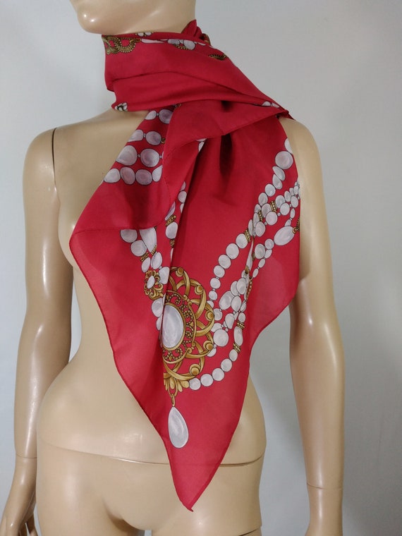 Women's Red Scarf 80's 90's Square 34 x 35 Inch P… - image 1