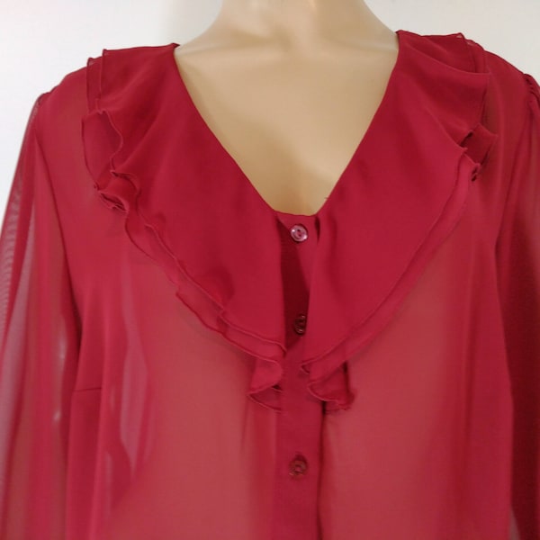 Red Blouse Top Women's Red Semi Sheer Fabric Red Buttons Long Sleeve Double Ruffle Neckline Like New Condition Vintage by EAST 5TH Size XL