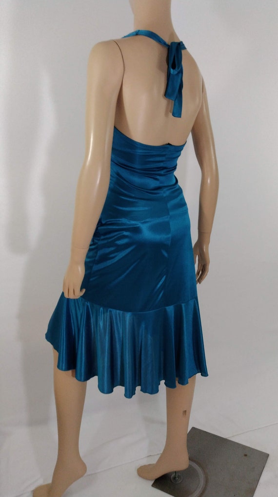 Women's Satin Dress Disco Prom Dress Teal Satin B… - image 9