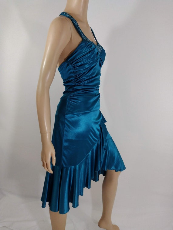 Women's Satin Dress Disco Prom Dress Teal Satin B… - image 4