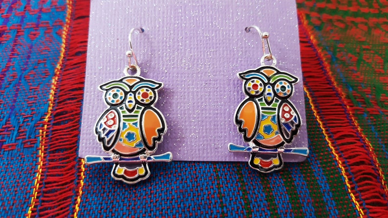 Handmade Pendant Owl Earrings Set Womens Girls Rainbow Multicolor Artsy Mosaic Silver Tone Enamel Boho Jewelry Dangle Gift Craft Charm