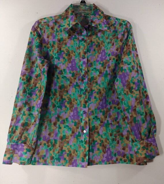 70's Women's Shirt Huge Collar Colorful Wild Abst… - image 9