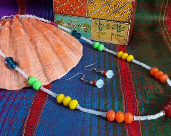 Rainbow Bead Jewelry Set: Handmade Necklace & Earrings, Vintage Inspired