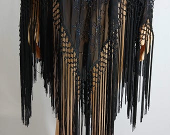 Black Silk Beaded Fringed Shawl Poncho – Lane Bryant Vintage Plus Size
