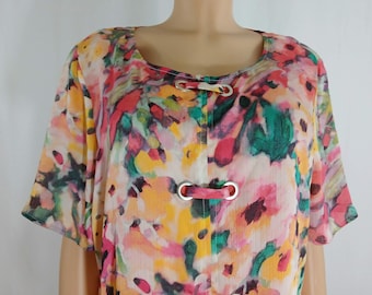 Women's Blouse Abstract Print, Pink Orange Pullover Vintage by SLIM FACTOR size XL