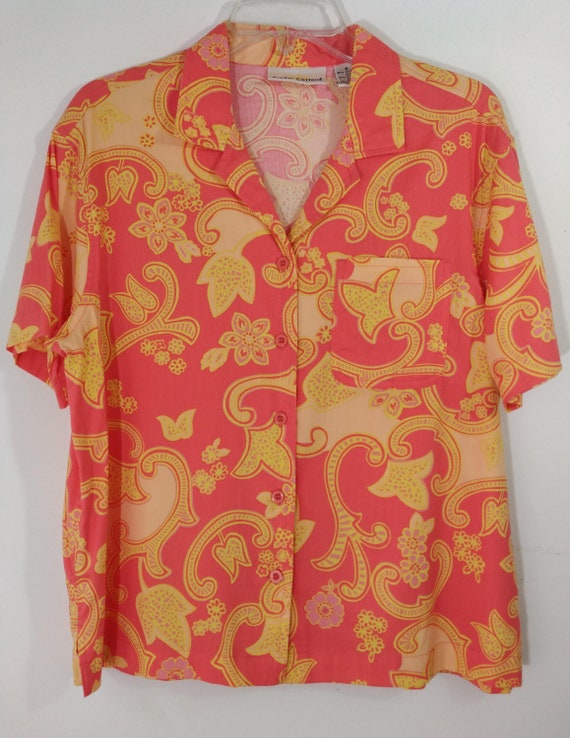 Women's Hawaiian Shirt Cotton Rayon Pink Salmon Y… - image 2