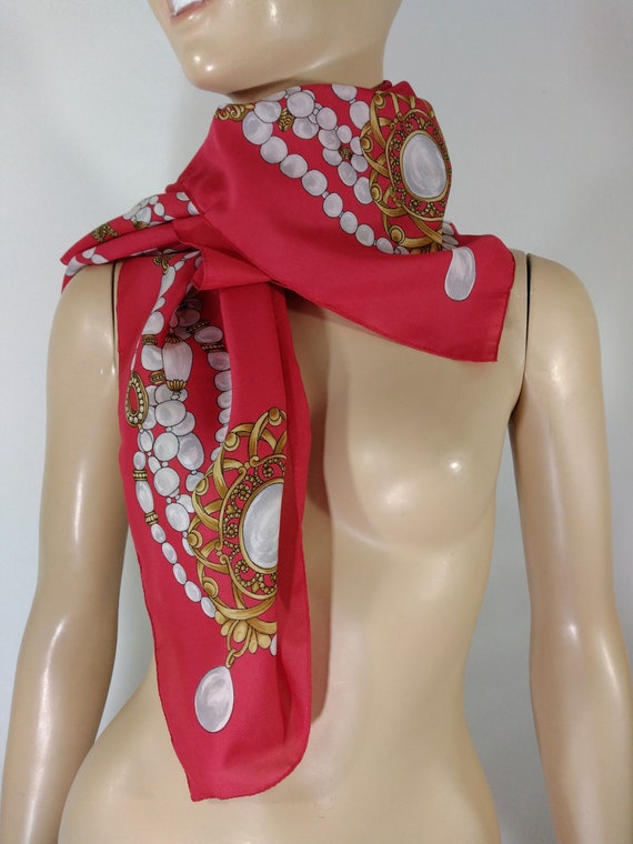 Women's Red Scarf 80's 90's Square 34 x 35 Inch P… - image 4