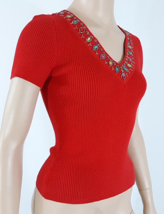 Womens Red Sweater Shirt Lipstick Red Pastel Bead… - image 3