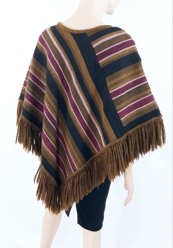Handmade 70s Wool Poncho: Striped, Fringed, Vinta… - image 6