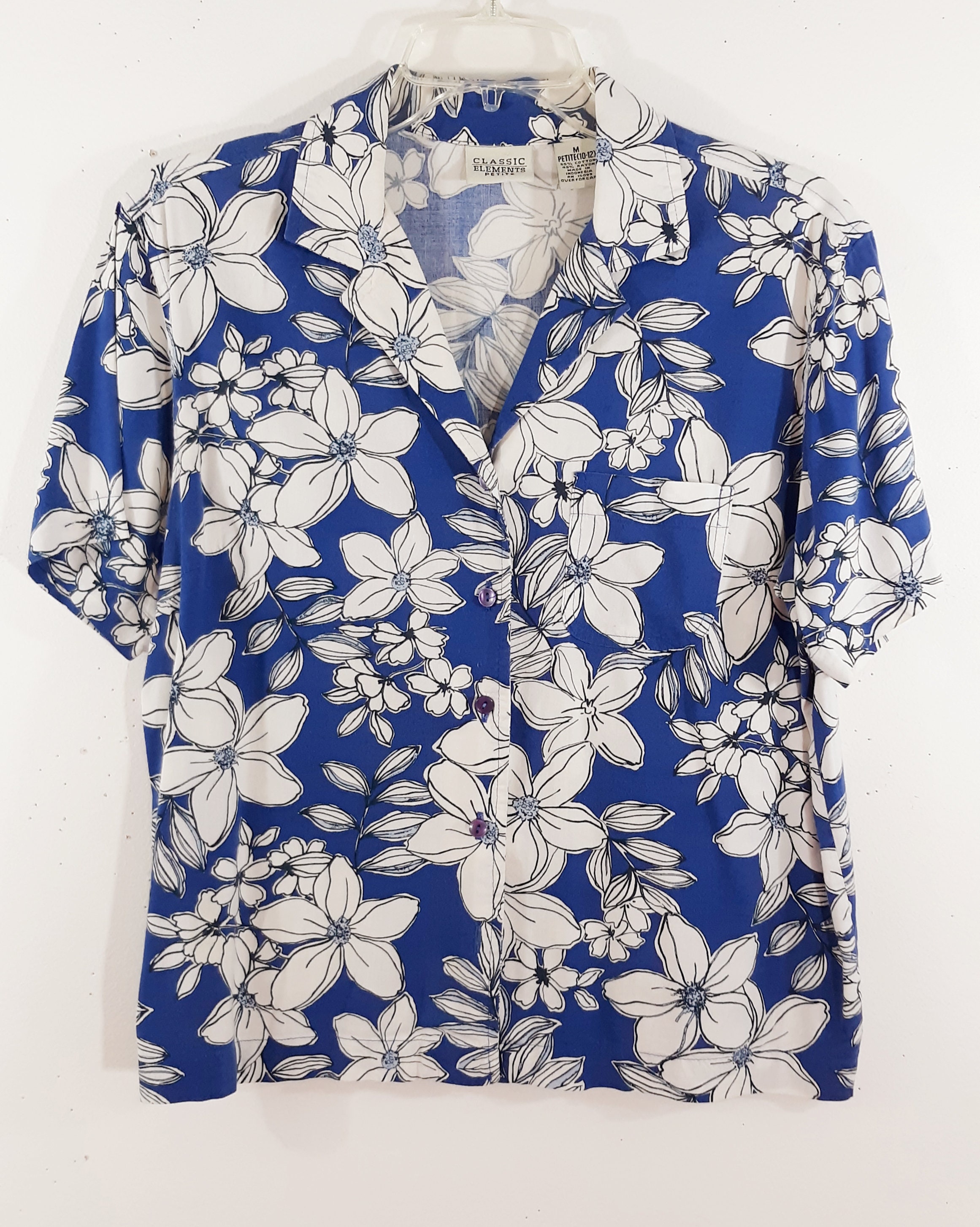 80's Women's Hawaiian Shirt Short Sleeve Blue White - Etsy UK