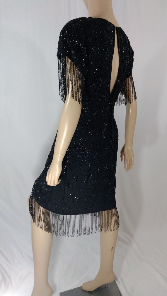 Black Beaded Dress Women's 70's 80's 100% Silk Se… - image 5