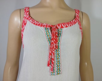 Boho Tank Top: White Gauzy Rayon, Embroidered Trim (Size M)
