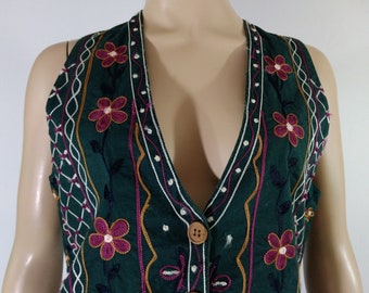 Vintage 80s Embroidered Floral Cotton Vest, Deep Green Size S