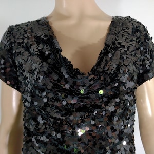 Black Sequin Top Women's Sexy Stretchy Cropped Sleeve Extra Long Cowl Neck Satin Under Shirt Lux Disco Excellent Condition Vintage Size M