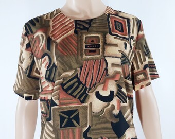 80's Women's Shirt Top Short Sleeve Pullover Abstract Art Graphic Browns Black Beige Lightweight Artsy Gorgeous Vintage by KC STUDIO Size M