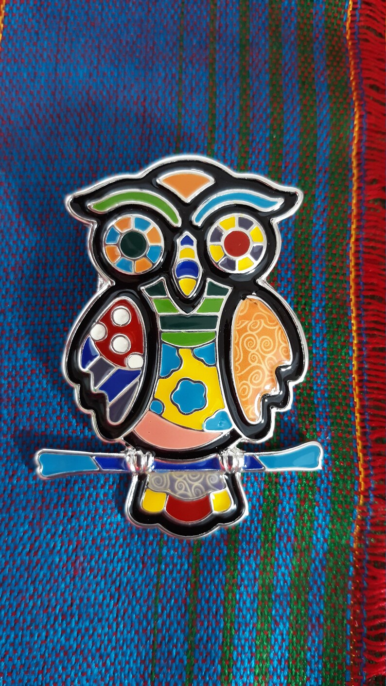Handmade Pendant Owl Earrings Set Womens Girls Rainbow Multicolor Artsy Mosaic Silver Tone Enamel Boho Jewelry Dangle Gift Craft Charm