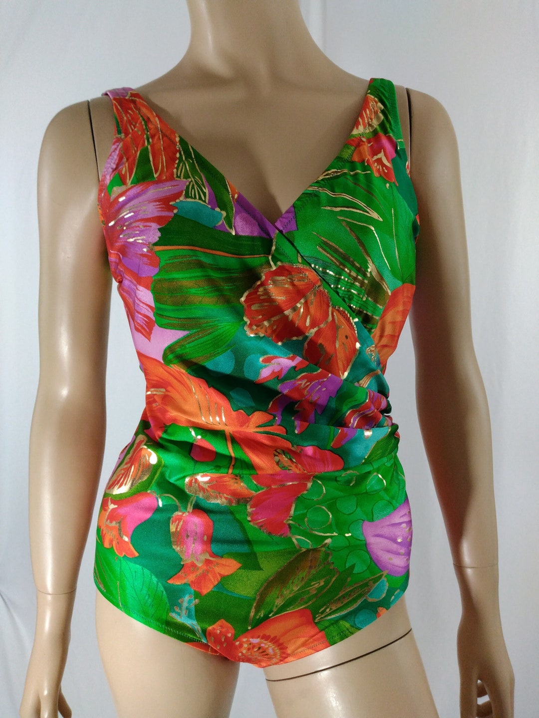 80's Swimsuit Women's Bathing Suit One Piece Colorful Tropical Floral