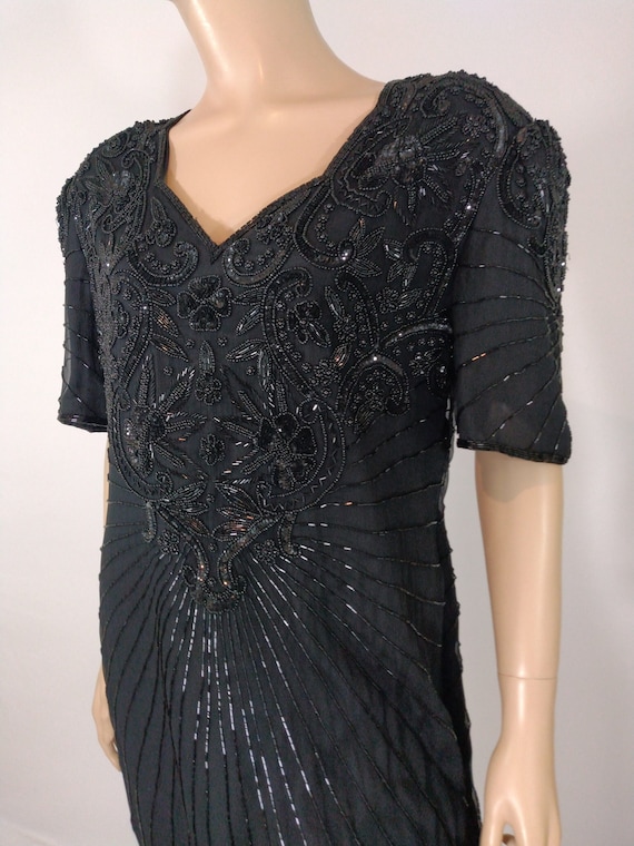 Black Beaded Dress Women's 80's Sequined Short Sl… - image 2