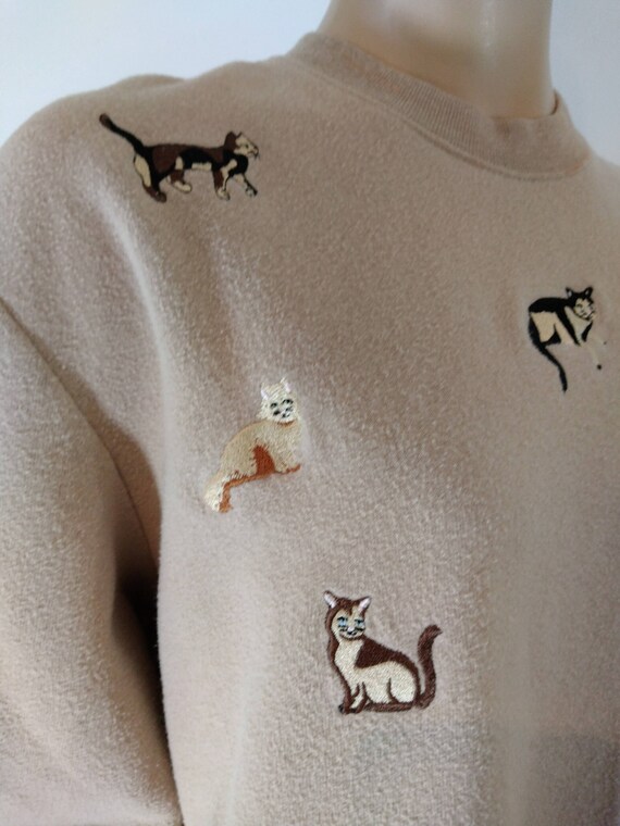 Cat Sweatshirt Women's 80's 90's Embroidered Cats… - image 5