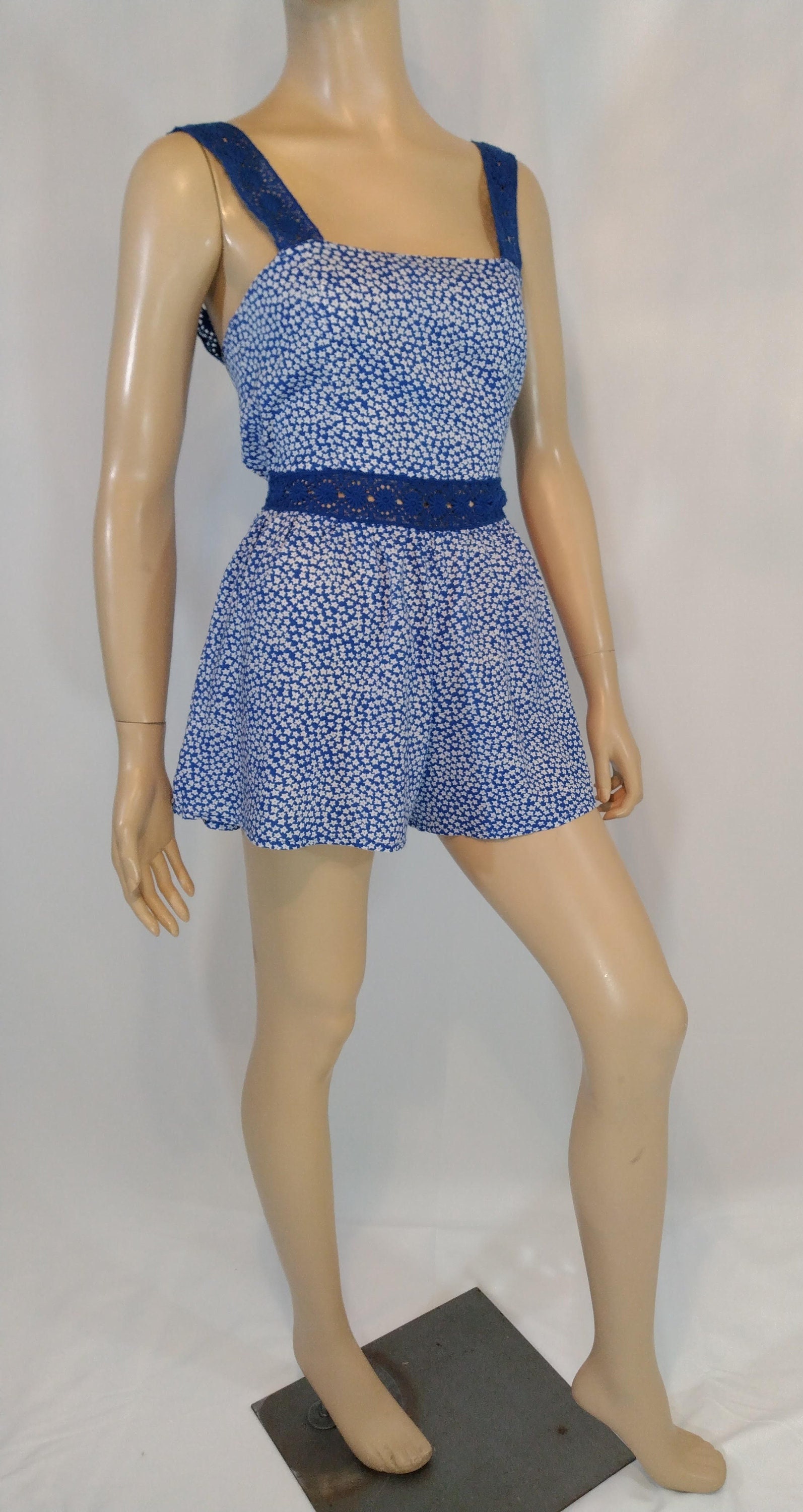 Women s Romper Jumpsuit Summer Blue White Tiny Stars Print Blue Lace Straps Waist Shorts Like New Condition Vintage by HOLLISTER Size XS Etsy